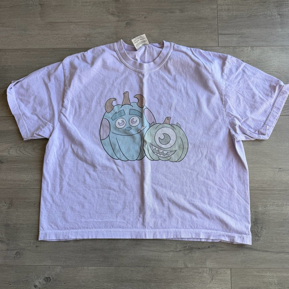 Monsters Inc Mike & Sully Halloween cropped t-shirt - size large EUC